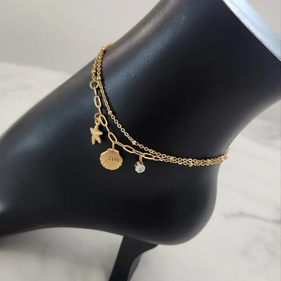 Gold Beach Starfish, Shell & Crystal Accent Charm Anklet Bracelet - Picture 4 of 10